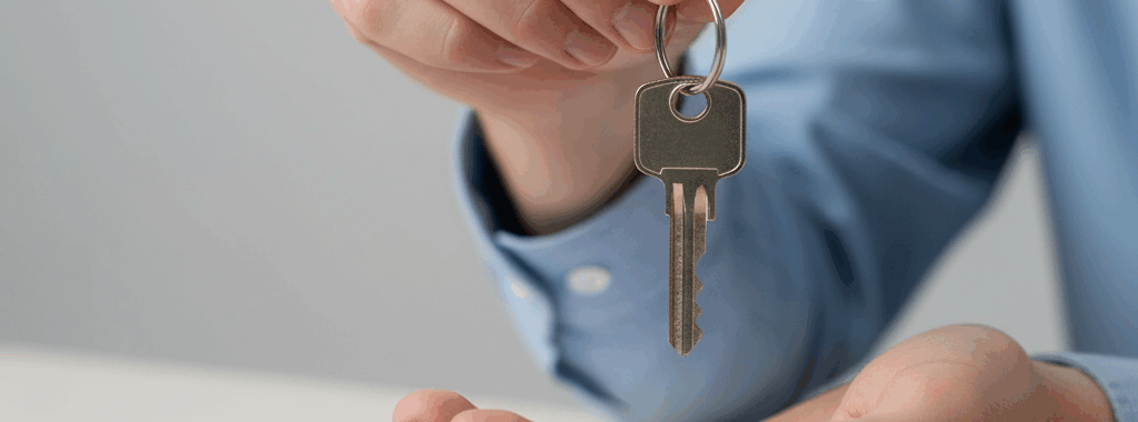 Mãos transferindo chaves de casa sobre contrato de locação, simbolizando a sucessão de direitos e deveres em caso de falecimento de locador ou locatário, Januários Advocacia.