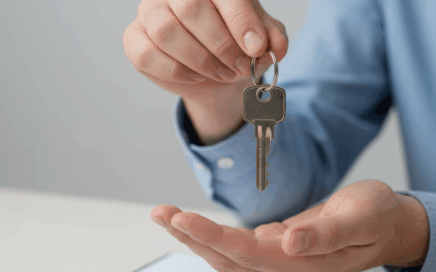 Mãos transferindo chaves de casa sobre contrato de locação, simbolizando a sucessão de direitos e deveres em caso de falecimento de locador ou locatário, Januários Advocacia.