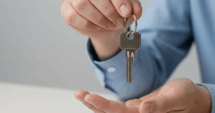 Mãos transferindo chaves de casa sobre contrato de locação, simbolizando a sucessão de direitos e deveres em caso de falecimento de locador ou locatário, Januários Advocacia.