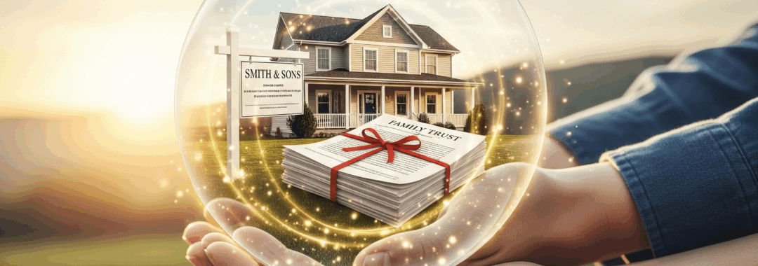 Duas mãos de diferentes gerações seguram uma esfera de vidro iluminada, que contém uma casa familiar e uma pilha de documentos amarrados com fita vermelha, simbolizando o planejamento patrimonial e a proteção do legado através de uma holding familiar Januários Advocacia