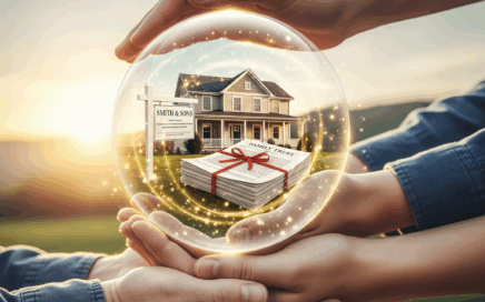 Duas mãos de diferentes gerações seguram uma esfera de vidro iluminada, que contém uma casa familiar e uma pilha de documentos amarrados com fita vermelha, simbolizando o planejamento patrimonial e a proteção do legado através de uma holding familiar Januários Advocacia