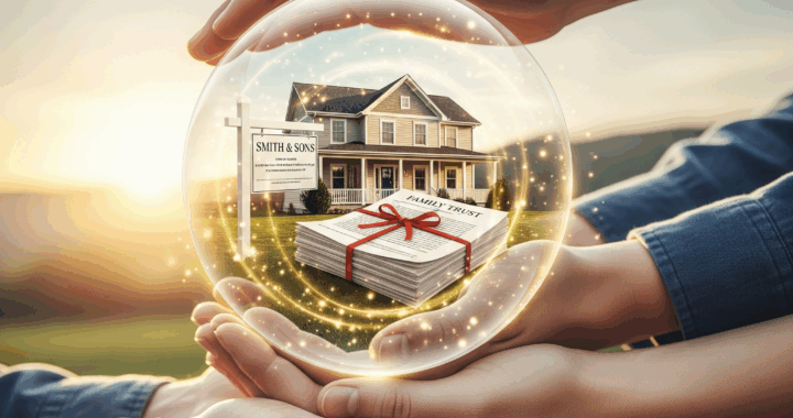 Duas mãos de diferentes gerações seguram uma esfera de vidro iluminada, que contém uma casa familiar e uma pilha de documentos amarrados com fita vermelha, simbolizando o planejamento patrimonial e a proteção do legado através de uma holding familiar Januários Advocacia