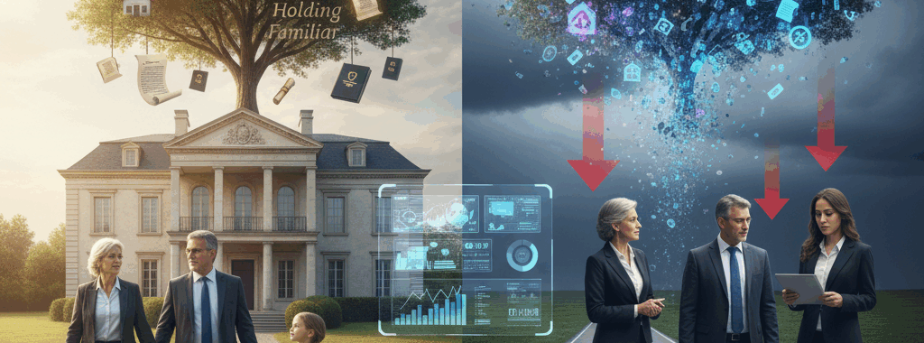 Planejamento sucessório antes e depois da reforma tributária, com família caminhando em jardim de holding e outra família analisando dados financeiros sob céu tempestuoso. Januario Advocacia