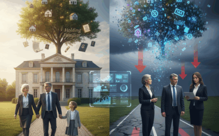 Planejamento sucessório antes e depois da reforma tributária, com família caminhando em jardim de holding e outra família analisando dados financeiros sob céu tempestuoso. Januario Advocacia