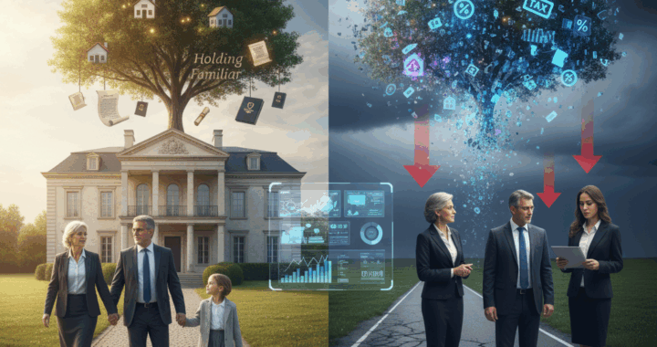 Planejamento sucessório antes e depois da reforma tributária, com família caminhando em jardim de holding e outra família analisando dados financeiros sob céu tempestuoso. Januario Advocacia