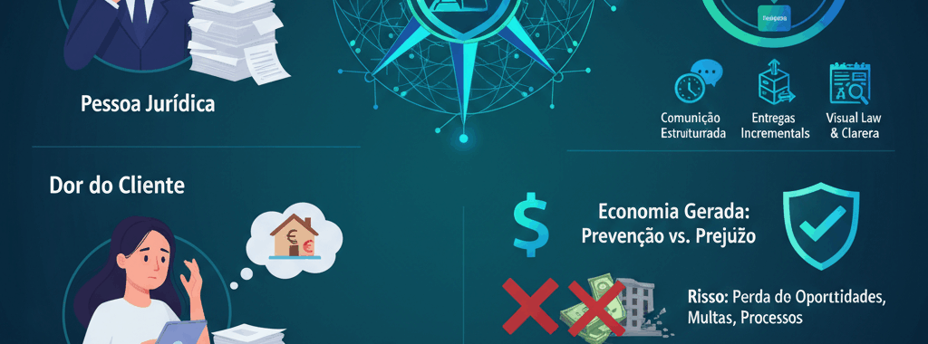 A Bússola Estratégica do Parecer Jurídico Ágil. Representa a dor do cliente (pessoa jurídica e física) à esquerda, a solução de um parecer jurídico (bússola) no centro, e os benefícios da metodologia ágil jurídica (processo circular, ícones de comunicação, entregas incrementais, visual law) à direita. Abaixo, compara a economia gerada pela prevenção de riscos (dinheiro, escudo verde) versus os prejuízos de riscos não gerenciados (x vermelho, dinheiro tachado). Conclui com um botão "Entre em Contato via WhatsApp".