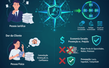 A Bússola Estratégica do Parecer Jurídico Ágil. Representa a dor do cliente (pessoa jurídica e física) à esquerda, a solução de um parecer jurídico (bússola) no centro, e os benefícios da metodologia ágil jurídica (processo circular, ícones de comunicação, entregas incrementais, visual law) à direita. Abaixo, compara a economia gerada pela prevenção de riscos (dinheiro, escudo verde) versus os prejuízos de riscos não gerenciados (x vermelho, dinheiro tachado). Conclui com um botão "Entre em Contato via WhatsApp".