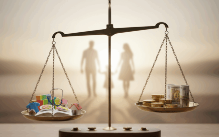 Balança da justiça equilibrando as necessidades de uma criança (livro, casa, saúde) em um prato e dinheiro no outro, com a silhueta de uma família caminhando ao fundo, simbolizando o cálculo da pensão alimentícia.