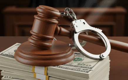 Martelo de juiz e algemas sobre pilhas de dinheiro, simbolizando as consequências legais e a prisão por dívida de pensão alimentícia. Januarios advocacia