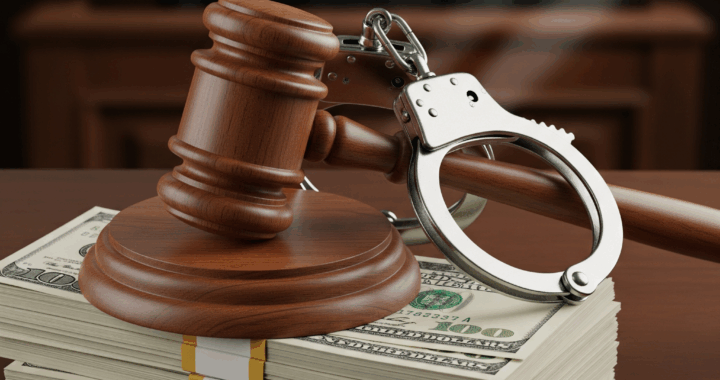 Martelo de juiz e algemas sobre pilhas de dinheiro, simbolizando as consequências legais e a prisão por dívida de pensão alimentícia. Januarios advocacia